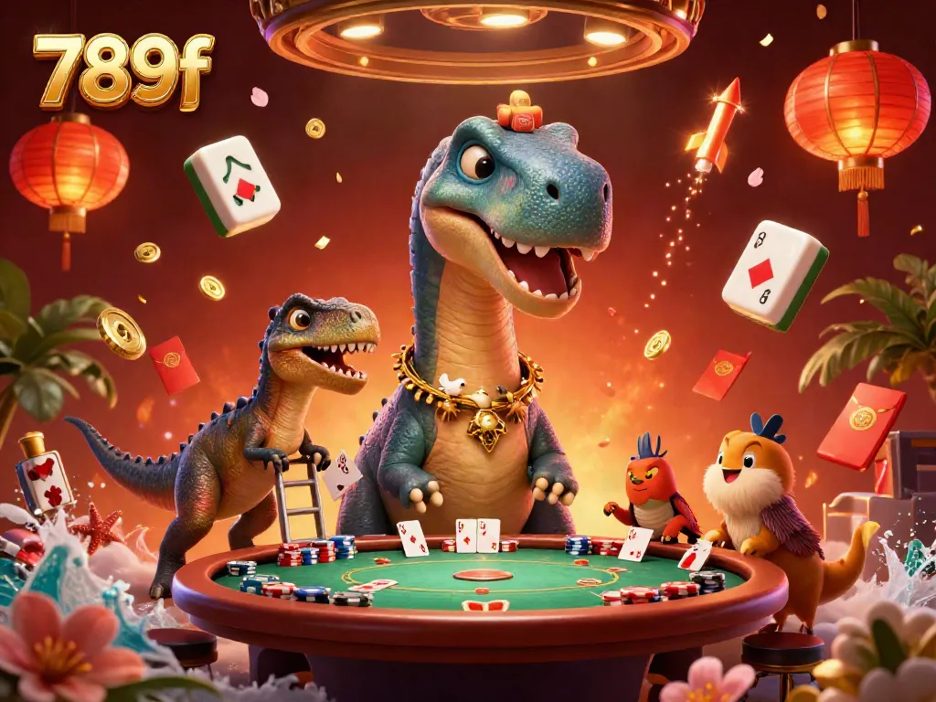 Engage in thrilling poker action at 789f with a whimsical 3D dinosaur illustration and vibrant casino elements.