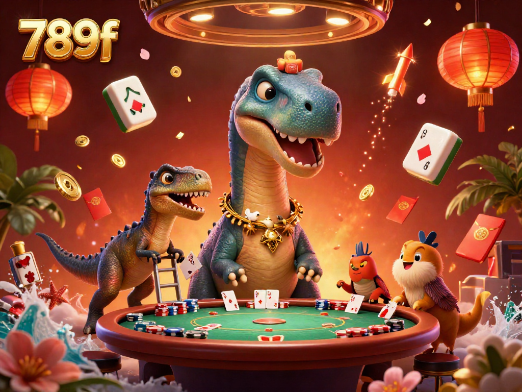 Engage in thrilling poker action at 789f with a whimsical 3D dinosaur illustration and vibrant casino elements.