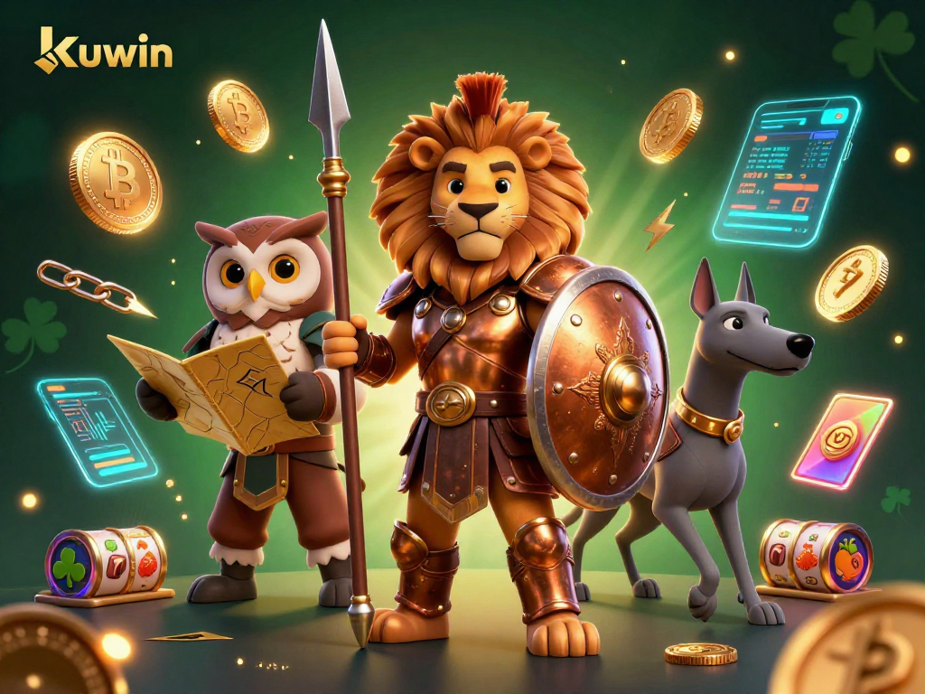 kuwin celebrates winnings with energetic casino characters and digital crypto elements in dynamic scene