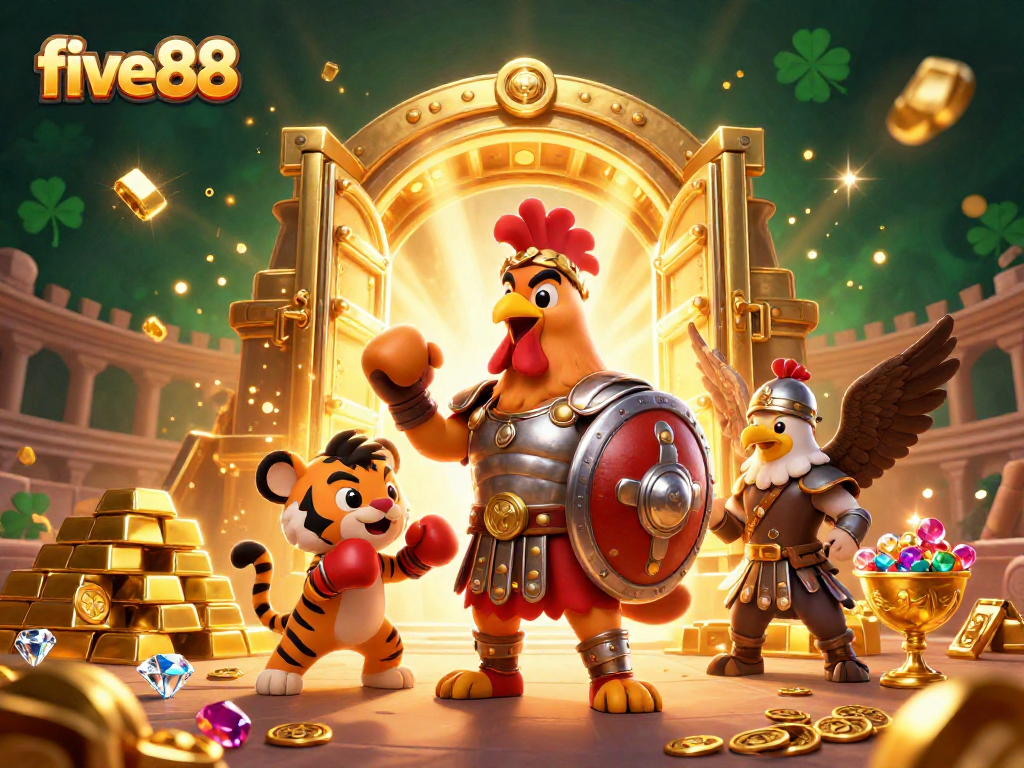 Experience the thrilling gaming action at five88 with dynamic scenes of winning moments and vibrant casino elements.
