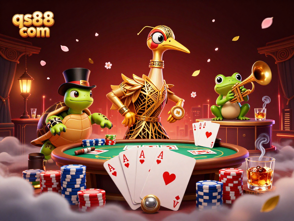 Engage players at qs88 com with a vibrant casino scene featuring a turtle, crane, and frog in action.