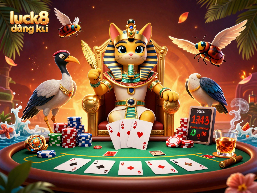Engage in luck8 đăng ký strategies with an Egyptian-themed poker scene filled with energy and vibrant colors.