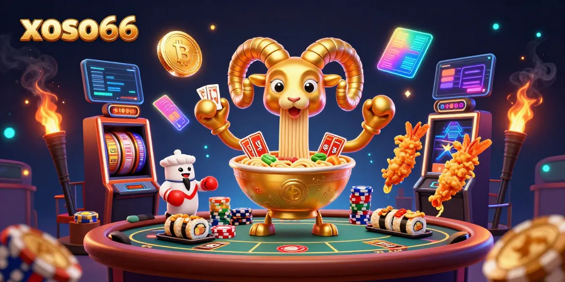 Engage with xoso66’s thrilling casino scene featuring a giant ramen bowl dealer and colorful game elements.