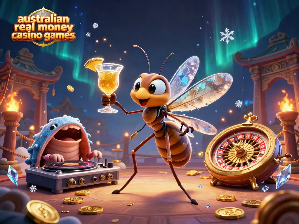 Engage with australian real money casino games depicted through a lively 3D illustration featuring unique characters and casino elements.