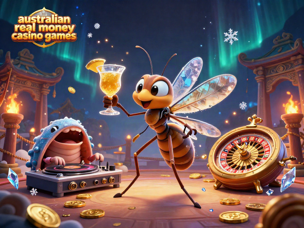 Engage with australian real money casino games depicted through a lively 3D illustration featuring unique characters and casino elements.