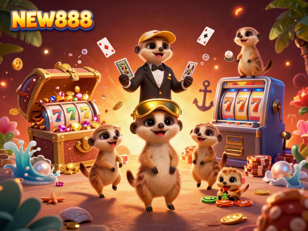 Experience the lively casino world of NEW888 with meerkats engaging in exciting gaming activities.