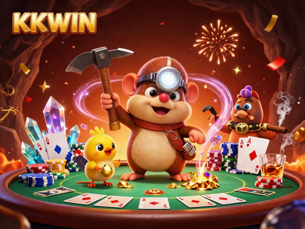 KKWIN gaming excitement illustrated by a treasure hunter mole and poker elements in a dazzling scene